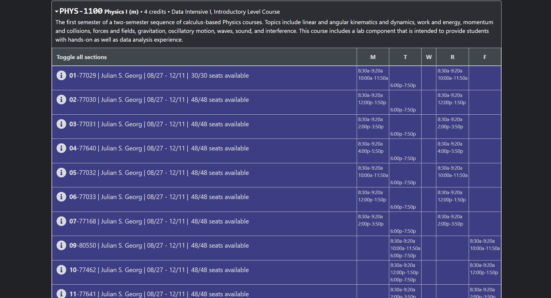 A website with a list of course sections. All of them are selected