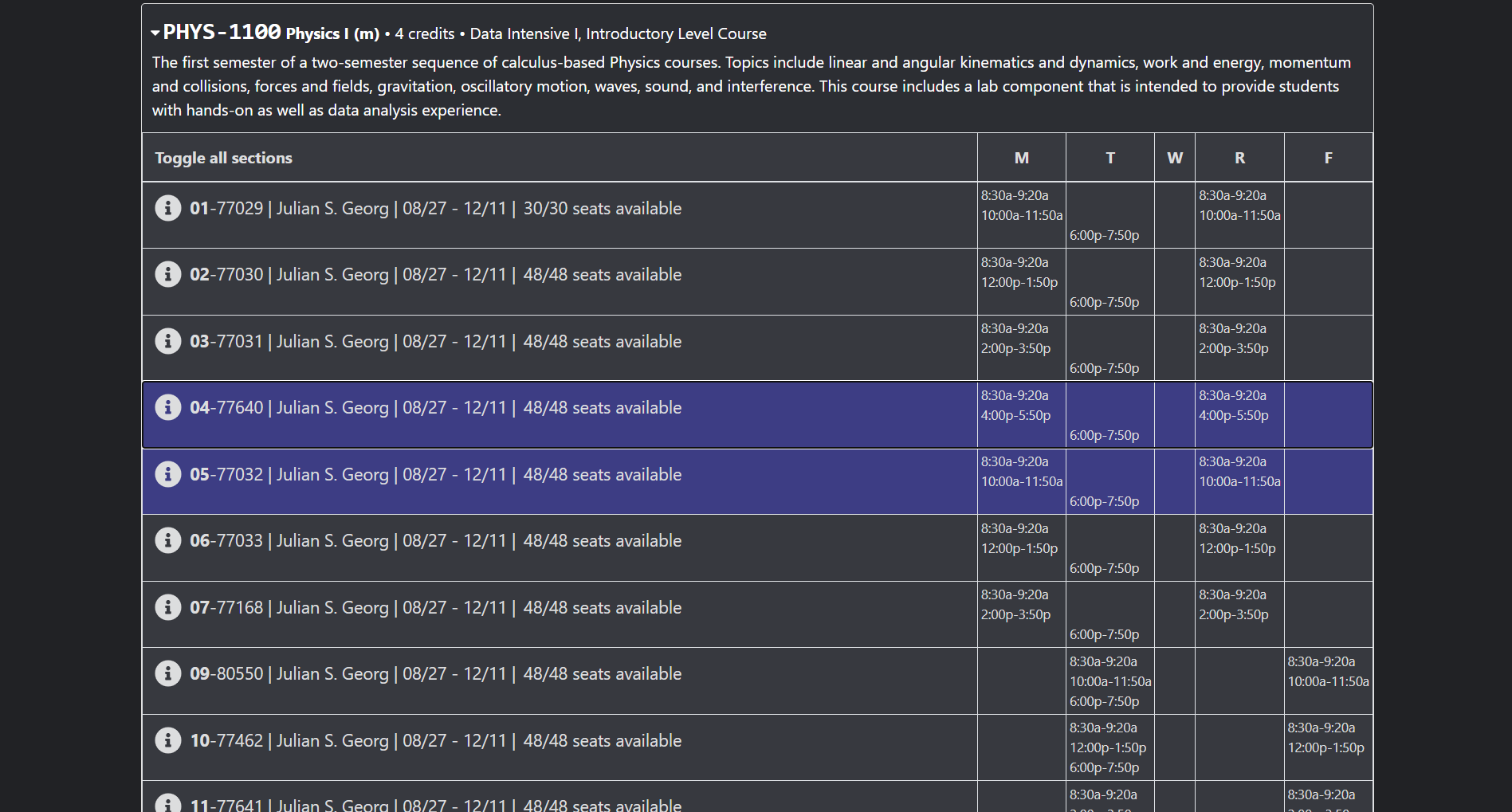 A website with a list of course sections. Two are selected