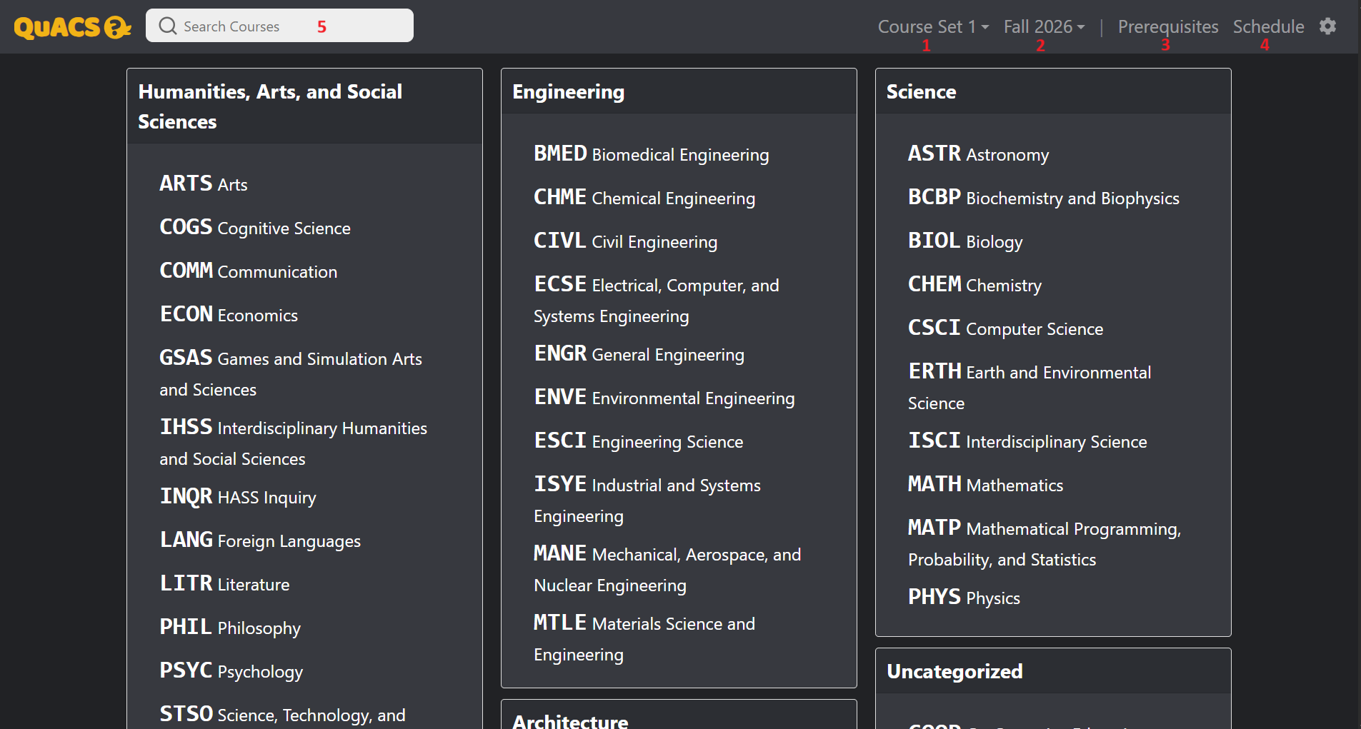 A website with an array of academic departments